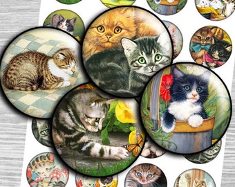 Katzen digital collage sheet druckbare Kreise 25mm Kreise, 1 Zoll, 1,5", 1,25", 30mm Runde Bilder Druckbare Flaschenkappen Bilder td204