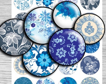 Blue flowers Circles printable digital collage sheet - td239 - 1.5", 1.25", 30mm, 1 inch circles Bottle caps round printable images pendants