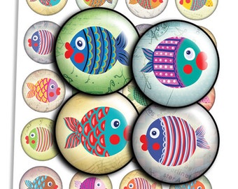 Fish Images Digital Collage Sheet: Marine Theme Bottle Caps (Digital Download)