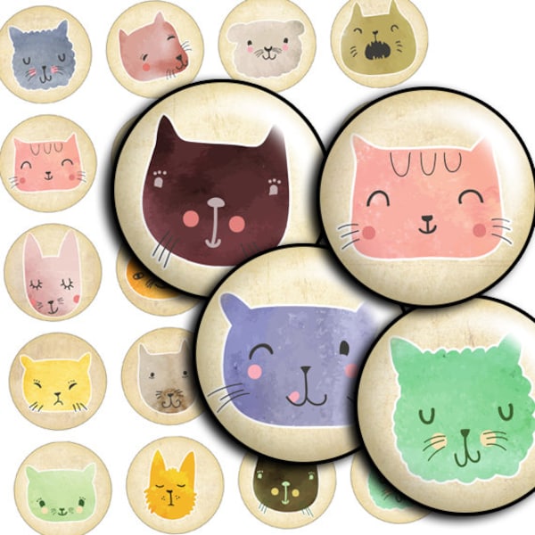 Cats Images Digital Collage Sheet circles 1.5", 1.25", 30mm, 1 inch rounds Printable Download for Pendants, cabochon bottle caps - td287