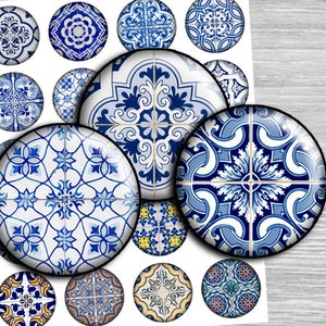 Azulejos Blue Digital Collage Sheet circles  1.5&quot;, 1.25&quot;, 30mm, 1 inch Circles, cabochon Images round, Instant Download bottle caps - td411