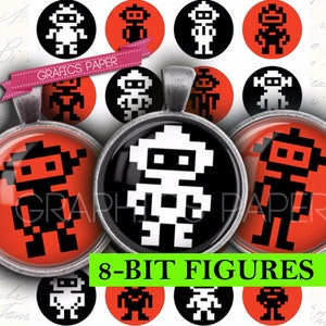 8-bit characters, Digital Collage Sheet 1.5&quot;, 1.25&quot;, 30mm, 1 inch collage sheet, 25 mm Printable images Glass Pendants Scrapbooking - td292