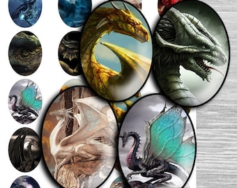 Flying Dragons Oval Images: Jewelry Pendants, Bottle Caps (Digital Download)