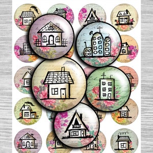 Houses Digital Collage Sheet Circles 1 inch, 1.5&quot;, 1.25&quot;, 30mm Bottlecap image - Instant download  digital collage sheet round Glass - td372