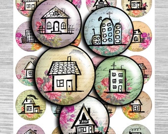 Houses Digital Collage Sheet: Circle Images for Bottlecaps (Digital Download)