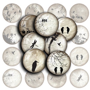 Birds and dark Moon - digital collage sheet - td10 - 1.5&quot;, 1.25&quot;, 30mm, 1 inch - Printable - Bottle caps - Image Pendant, Picture Necklace