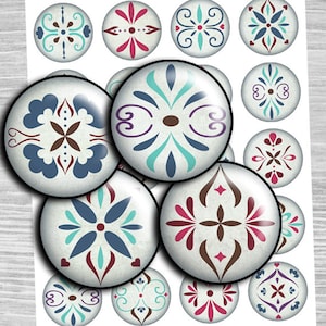 Arabesque blue tiles digital collage sheet 1 inch circles, 1.5&quot;, 1.25&quot;, 30mm, 25mm round - Printable Images Round Bottlecaps download td140