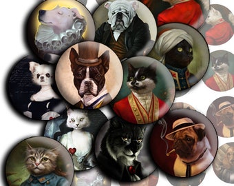 Portraits von Katzen Hunde Kleidung - digital collage sheet - td92 - 1,5&quot;, 1,25&quot;, 30mm, 1 zoll Kreise Cabochon Bilder für Anhänger, Cabochon