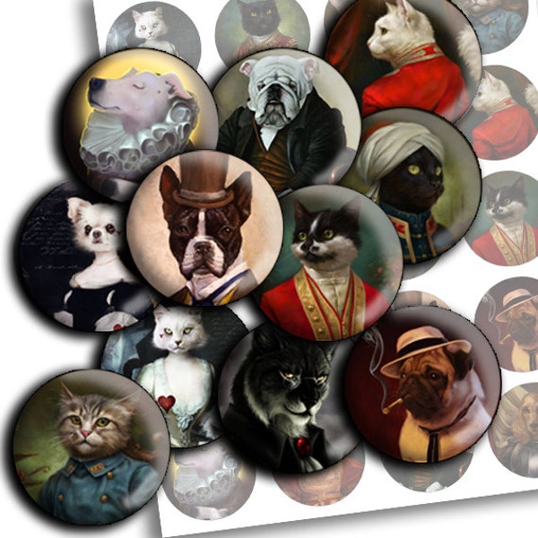 Portraits of cats dogs clothes - digital collage sheet - td92 - 1.5", 1.25", 30mm, 1 inch circles cabochon images for pendant, cabochon