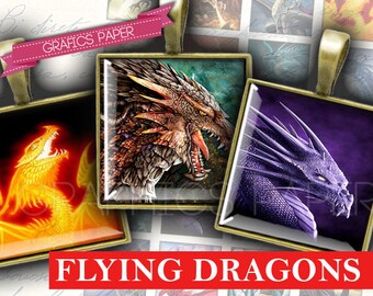 Flying Dragons Collage Sheet: 1 Inch Square Images (Digital Download)