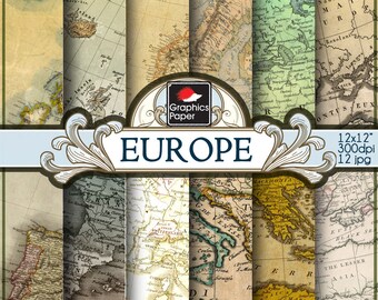 Antique World Map Digital Paper: Vintage Europe Maps (12x12in JPG, Digital Download)