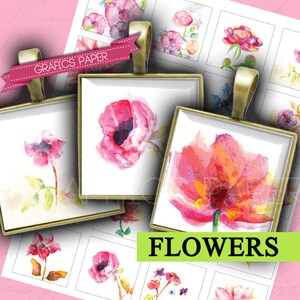 Cirlce Printable Romantic flowers, Digital Collage Sheet  1 inch square, 25mm square - Jewelry Making, Scrapbooking, instant download  - QD1
