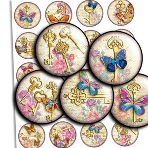 Golden Keys Butterflies Bottlecap Images Printable 1 inch circle 1.5&quot;, 1.25&quot;, 30mm, Digital Collage Sheets Instant Download Printable -td340