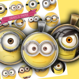 Okrągłe Minionki kreskówki twarze cyfrowy arkusz kolażu - td235 - 1,5", 1,25", 30 mm, 1 cal koła magnes kaboszon obrazy czapki natychmiastowe pobieranie