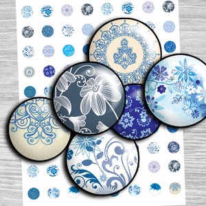 Blue flowers Digital Collage Sheet circles 20mm 18mm 16mm 14mm 12mm roundimages for earrings, Circle Bottle cap instant download - td239P