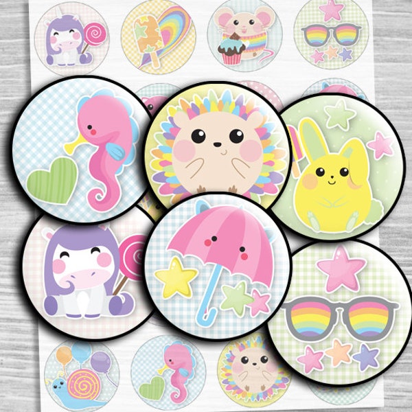 Funny kawaii images cercles collage numérique feuille-td441-1,5 ", 1,25", 30mm, cercles de 1 pouce-imprimable Bottle Cap images téléchargement