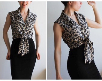 Blusa de cintura de corbata de los años 80, talla crop top M, UK 10, US 6, EU 38 blusa gris sin mangas, blusa retro, hippie, blusa vintage, 70s pin up belly top