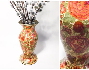 Jarrón vintage chino, jarrón de imitación cloisonné angustiado, jarrón de flores rojas pintado a mano, decoración vintage para el hogar, jarrón de latón 60s, 50s, 70s, boho