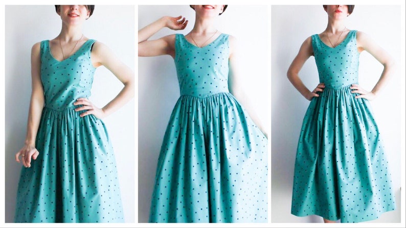 80s tea dress cotton Laura Ashley dress mint green polka dot dress size UK 4 US 8 S EU 36 turquoise dress sleeveless vintage sundress