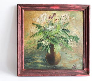 Pintura al óleo vintage, bellas artes vintage, naturaleza muerta con flores, firmado, colgante de pared vintage, obras de arte enmarcadas vintage, pintura al óleo de los años 80