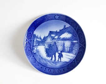 Plato de Navidad azul, decorativo, plato de pared o colgante, Royal Copenhagen, 1980s, coleccionable, regalo, árbol de Navidad, vintage danés, decoración
