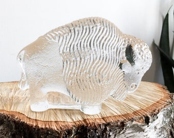 XL Lisa Larson bison figurine, Lisa Larson glass buffalo, crystal figurine 1970s, 70s, Royal Krona Zoo, Scandinavian collectible glass retro