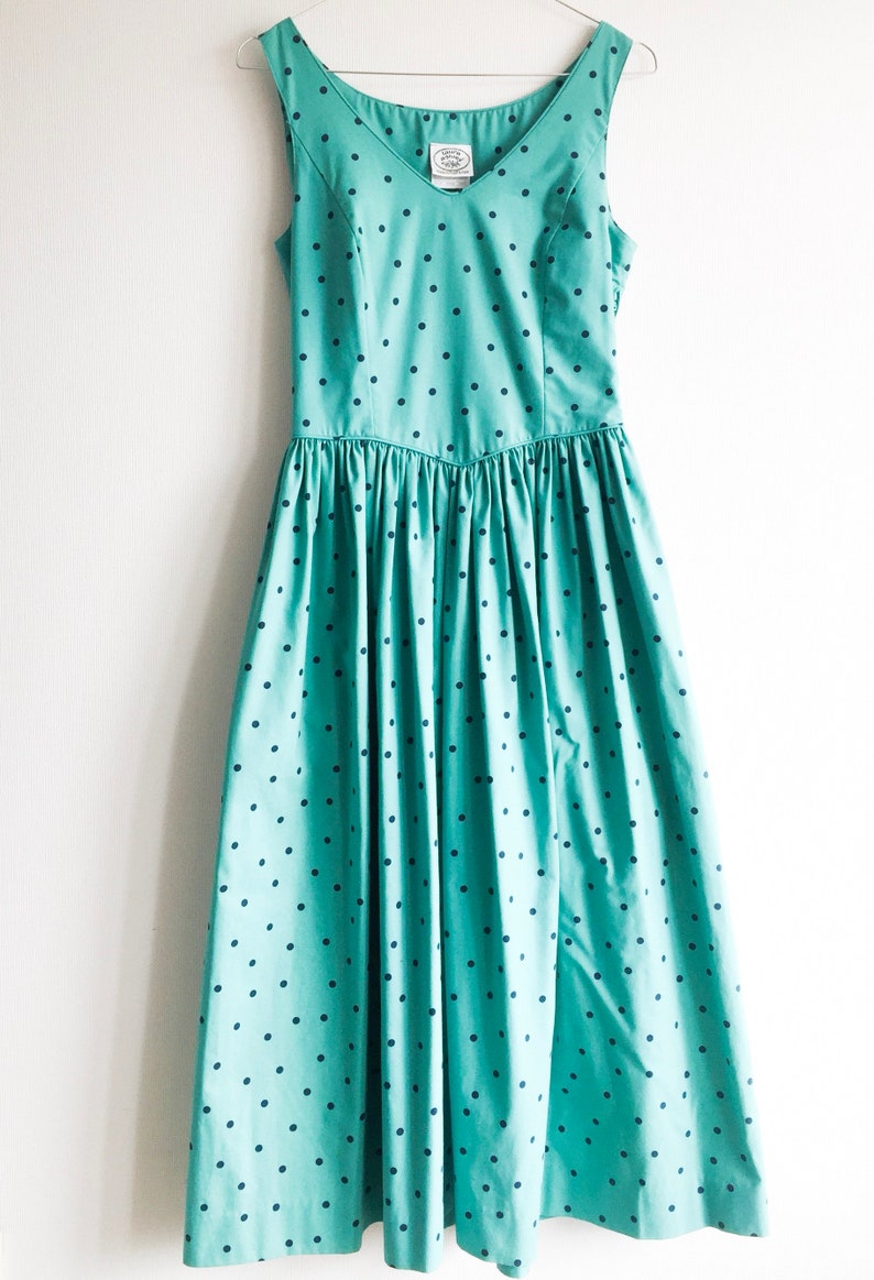 80s tea dress cotton Laura Ashley dress mint green polka dot dress size UK 4 US 8 S EU 36 turquoise dress sleeveless vintage sundress