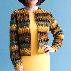Vintage blazer, Boho jacket, hippie cardigan, 60s, 70s, 80&#39;s, handmade wool mix zip jacket, size L, US 8, women blazer, yellow ethnic blazer