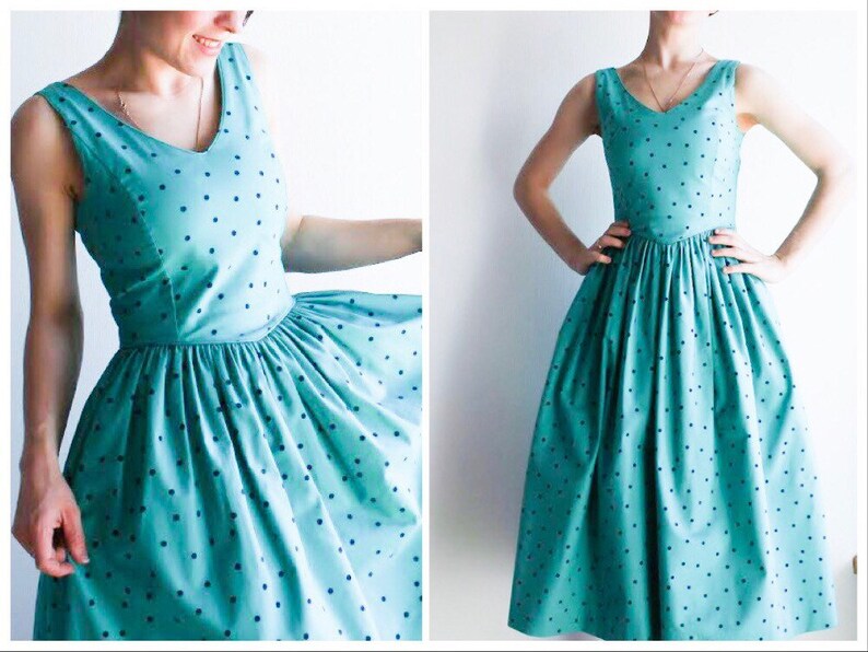 80s tea dress cotton Laura Ashley dress mint green polka dot dress size UK 4 US 8 S EU 36 turquoise dress sleeveless vintage sundress