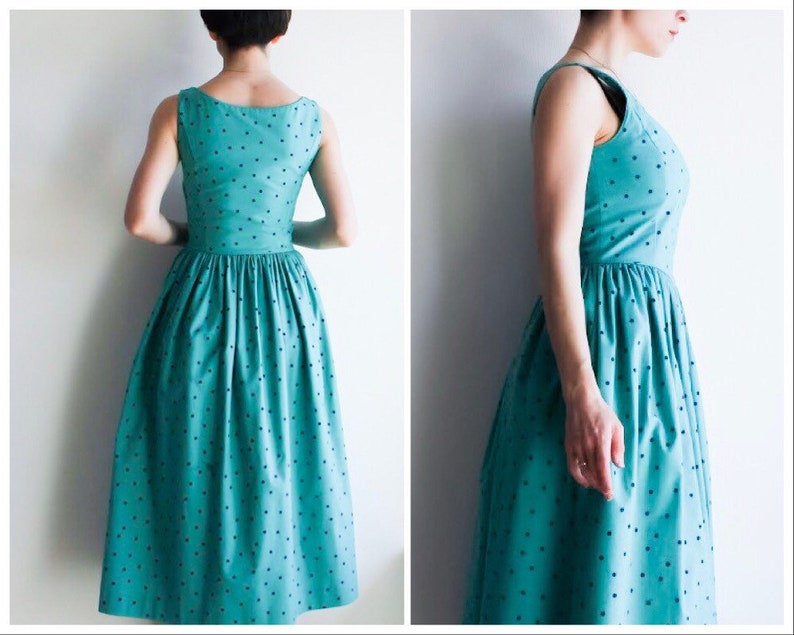 80s tea dress cotton Laura Ashley dress mint green polka dot dress size UK 4 US 8 S EU 36 turquoise dress sleeveless vintage sundress