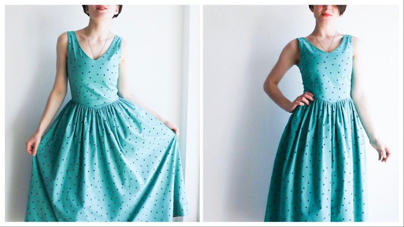 80s tea dress cotton Laura Ashley dress mint green polka dot dress size UK 4 US 8 S EU 36 turquoise dress sleeveless vintage sundress