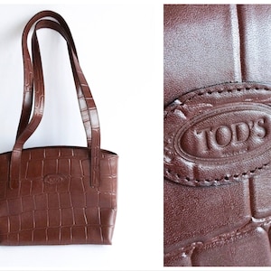 TOD&#39;S handbag, vintage leather bag, crocodile embossed vintage shoulder bag, brown vintage tote bag, 80s, 70s, 60s, vintage women bag, retro