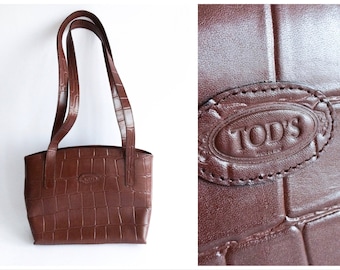 BOLSO TOD'S, bolso de cuero vintage, bolso de hombro vintage en relieve de cocodrilo, bolso de mano vintage marrón, 80s, 70s, 60s, vintage women bag, retro