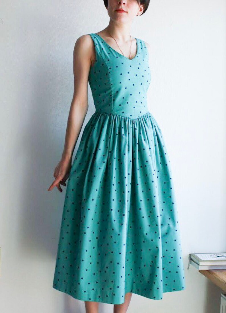 80s tea dress cotton Laura Ashley dress mint green polka dot dress size UK 4 US 8 S EU 36 turquoise dress sleeveless vintage sundress