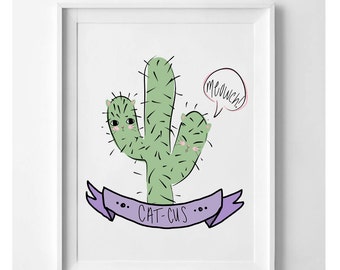 Cat-cus digital picture, cat cactus cartoon, kawaii clipart, girls room decor, wall decal, dorm wall art, tumblr stickers, cute wall hanging