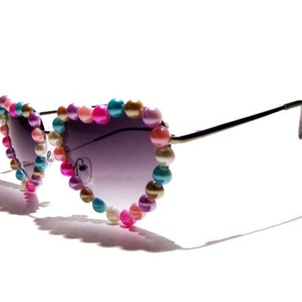 Heart shaped sunglasses with pearls, soft grunge, pastel goth, kawaii, lolita