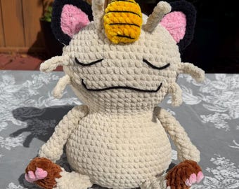 Sleepy Lucky Cat - Handmade Crochet Meowth Inspired Plushie