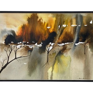 Acquerello e inchiostro "Tramonto nella foresta". Tecnica mista. Originale firmato dall'artista professionista Mark Hands. Dimensioni dell'immagine 285 mm x 200 mm in doppia montatura.