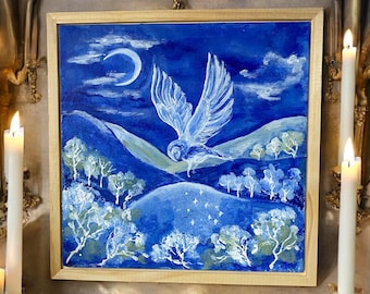 Flight of the Spirit Owl’s Message Original Acrylic on Canvas board Painting by Artist Rose Best