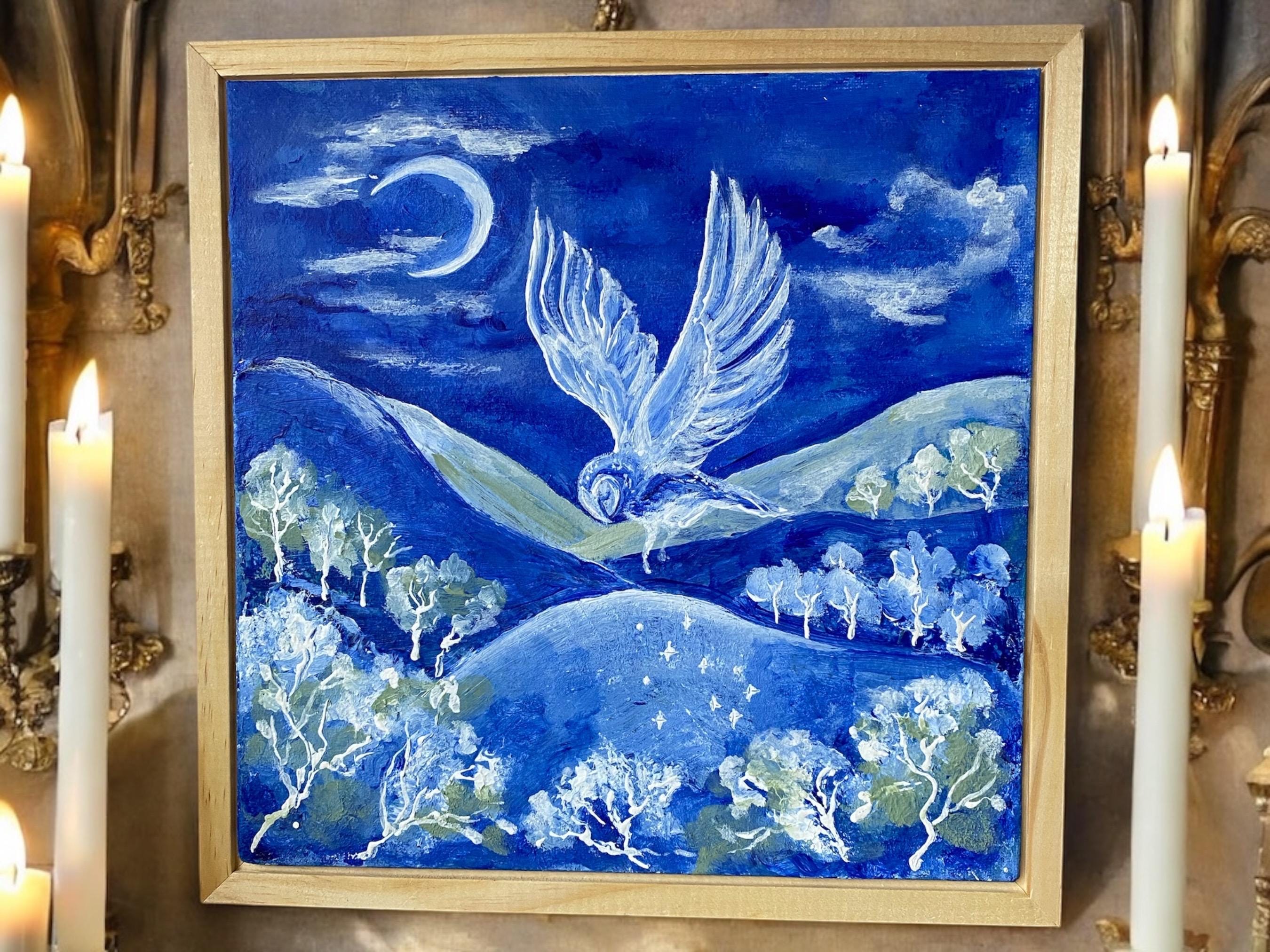 Flight of the Spirit Owl’s Message Original Acrylic on Canvas board Painting by Artist Rose Be