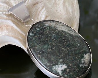 Gorgeous Chunky Preseli Bluestone Cabachon Artisan Set in Sterling Silver (not hallmarked) with sterling silver chain