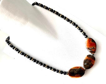 Sky Eye Jasper and Black Faceted Tourmaline with Hematite crystal spacer beads handcrafted Boho Necklace Pendant.