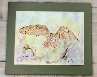 Watercolour Painting, Horned Owl Original Art by professional UK Artist Mark Hands.