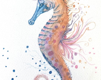 Mystical Magical Fantasy Seahorse Watercolour signed Original Art in 16 inch x 12 inch Mount.