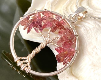 Rubellite Tourmaline Hand crafted 925 Sterling Silver Tree of Life Pendant with 925 Sterling Silver 18 inch 2mm Snake Chain.