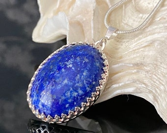 Lapis Lazuli 925 Sterling Silver Hand crafted Artisan Pendant with 18 inch 925 Silver chain- "for greater enlightenment and spiritual wisdom