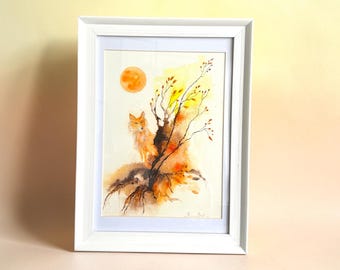 Fuchs unter dem orangenen Mond – Original Aquarell von Rose eingerahmt