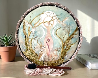 Shamanic Frame Drum " The Goddess and her Three Owls – Original artwork by professional UK Artist Mark Hands.