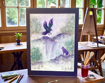 Watercolour Painting – Raven & Wolf Shamanic Spirit Animal Original Art by Artist Rose Best.