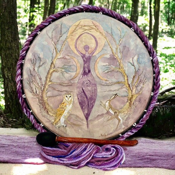 Goddess of the Forest: The Owl and Hare 20” Artist signed original Shamanic Healing Drum”~ Birthed 8th May 2024